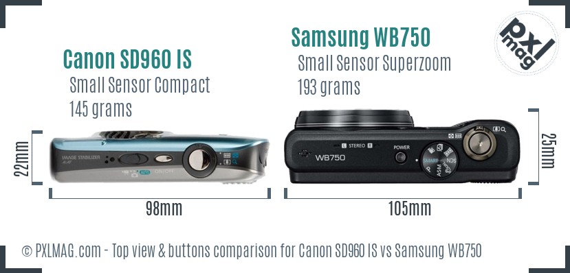 Canon SD960 IS vs Samsung WB750 top view buttons comparison