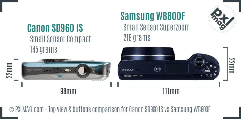 Canon SD960 IS vs Samsung WB800F top view buttons comparison Canon SD960 IS vs Samsung WB800F top view buttons comparison