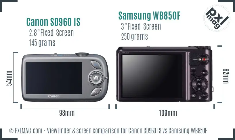 Canon SD960 IS vs Samsung WB850F Screen and Viewfinder comparison
