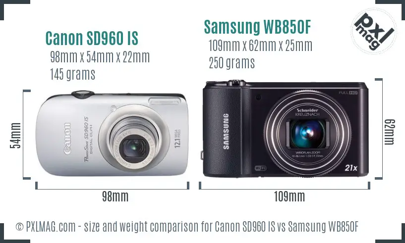 Canon SD960 IS vs Samsung WB850F size comparison