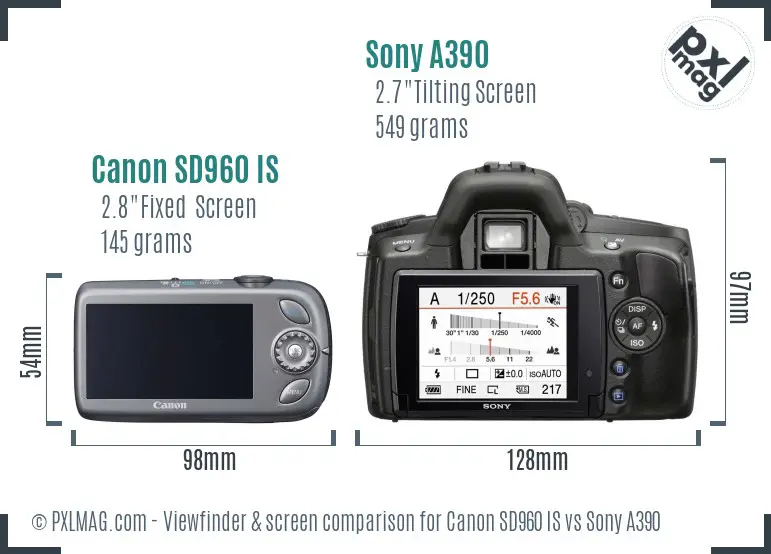 Canon SD960 IS vs Sony A390 Screen and Viewfinder comparison