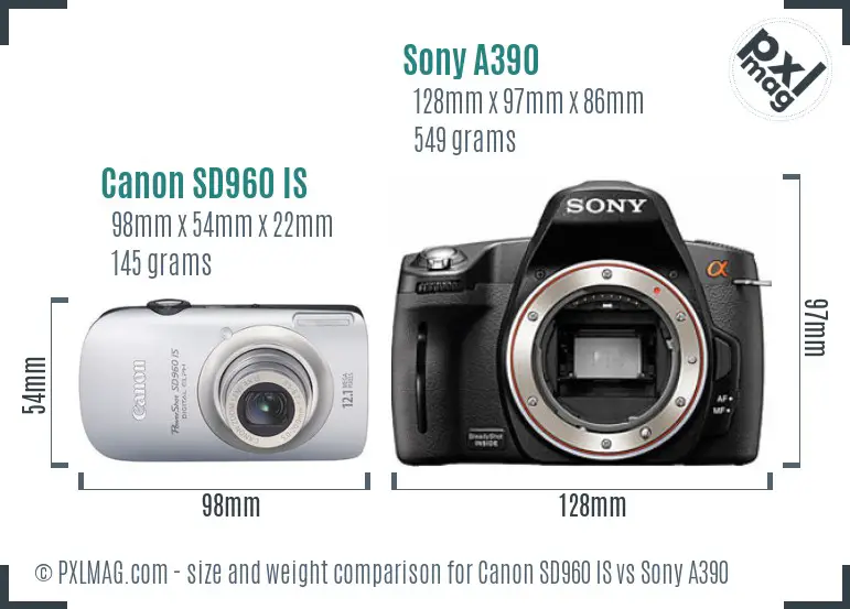Canon SD960 IS vs Sony A390 size comparison