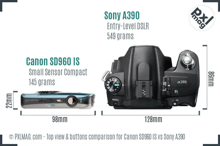 Canon SD960 IS vs Sony A390 top view buttons comparison