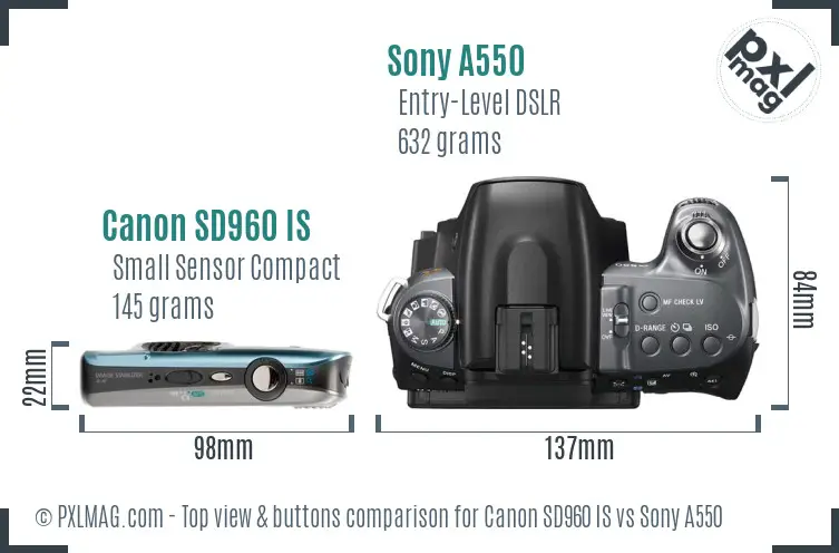 Canon SD960 IS vs Sony A550 top view buttons comparison