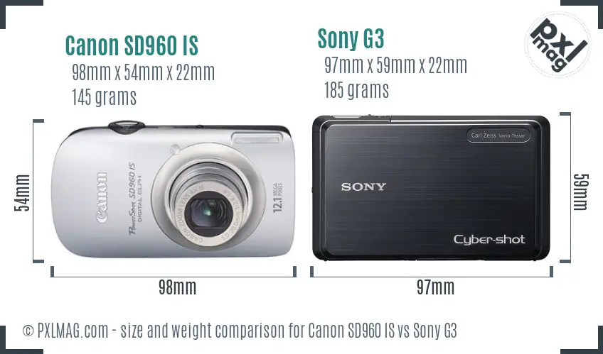 Canon SD960 IS vs Sony G3 size comparison