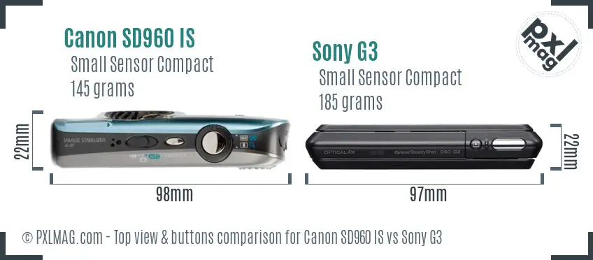Canon SD960 IS vs Sony G3 top view buttons comparison
