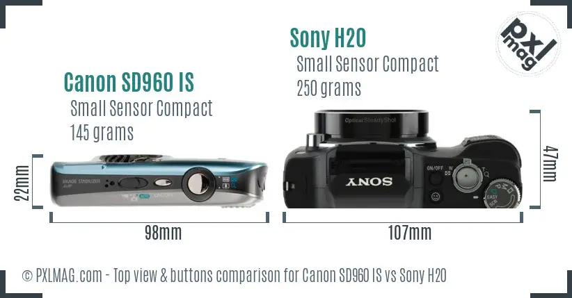 Canon SD960 IS vs Sony H20 top view buttons comparison
