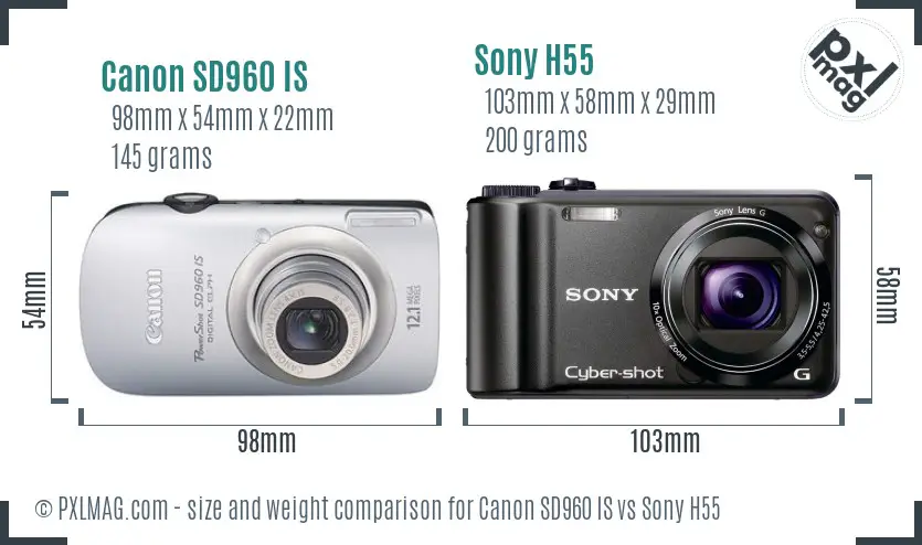 Canon SD960 IS vs Sony H55 size comparison