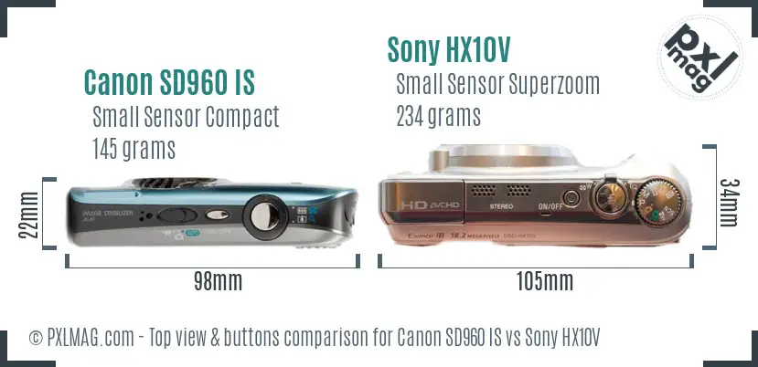 Canon SD960 IS vs Sony HX10V top view buttons comparison