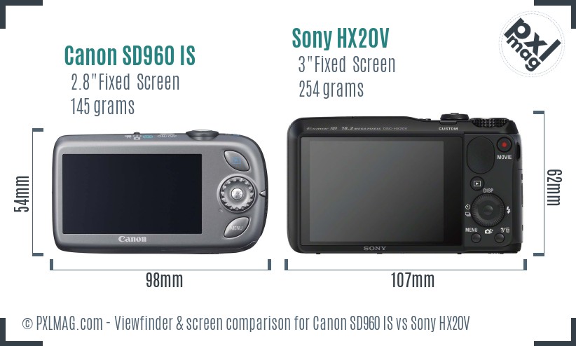 Canon SD960 IS vs Sony HX20V Screen and Viewfinder comparison