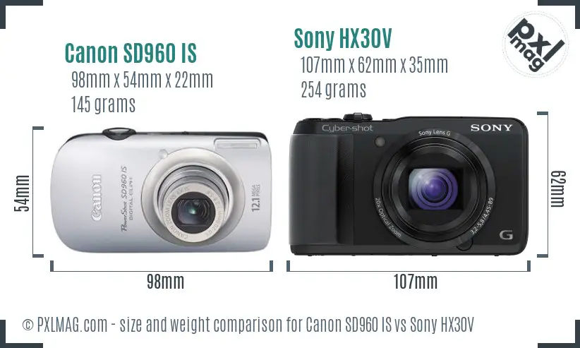 Canon SD960 IS vs Sony HX30V size comparison