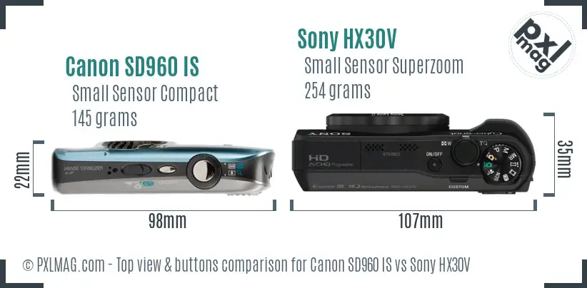 Canon SD960 IS vs Sony HX30V top view buttons comparison