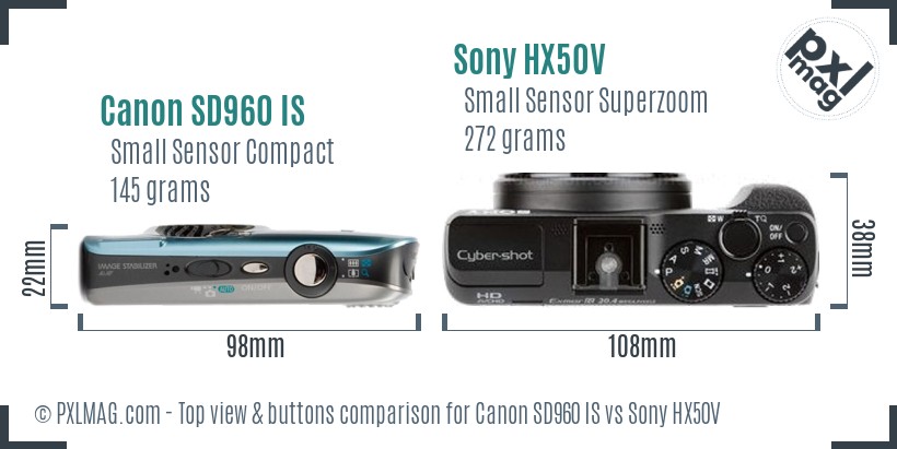Canon SD960 IS vs Sony HX50V top view buttons comparison