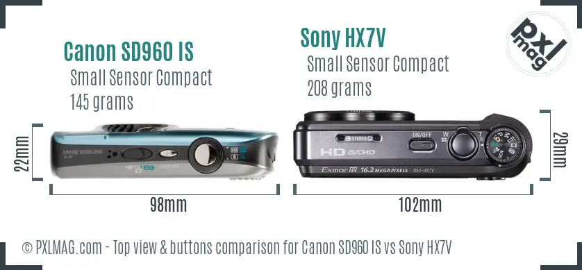 Canon SD960 IS vs Sony HX7V top view buttons comparison