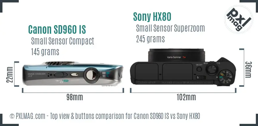 Canon SD960 IS vs Sony HX80 top view buttons comparison