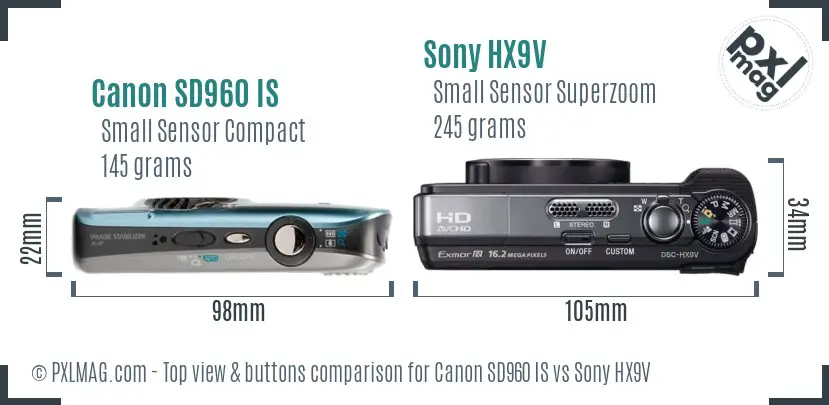 Canon SD960 IS vs Sony HX9V top view buttons comparison Canon SD960 IS vs Sony HX9V top view buttons comparison
