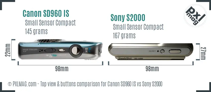 Canon SD960 IS vs Sony S2000 top view buttons comparison