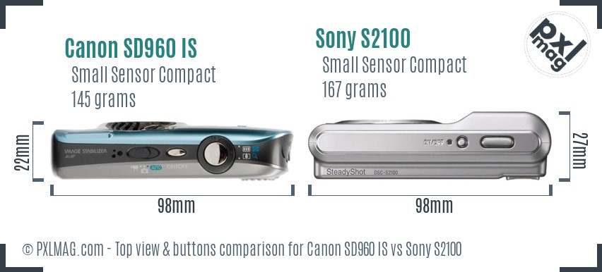 Canon SD960 IS vs Sony S2100 top view buttons comparison