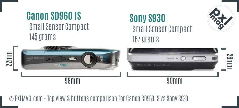 Canon SD960 IS vs Sony S930 top view buttons comparison