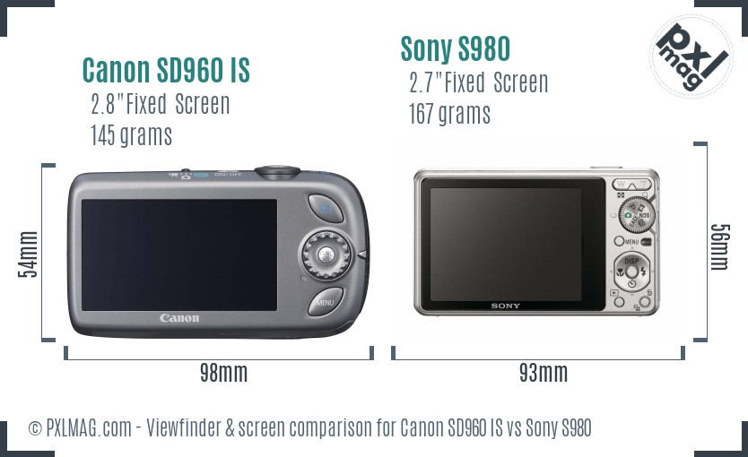 Canon SD960 IS vs Sony S980 Screen and Viewfinder comparison