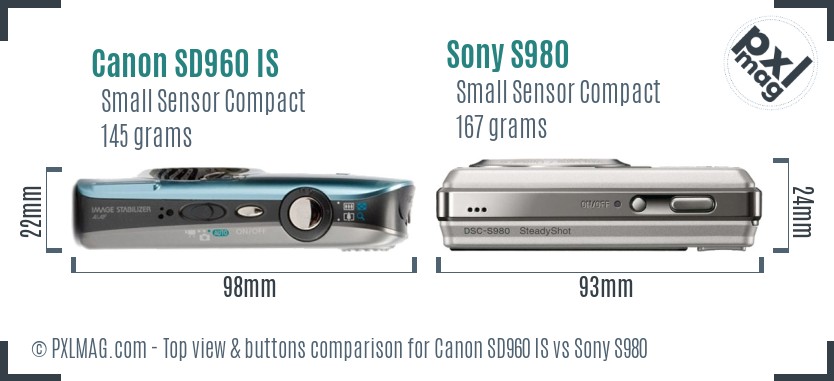 Canon SD960 IS vs Sony S980 top view buttons comparison