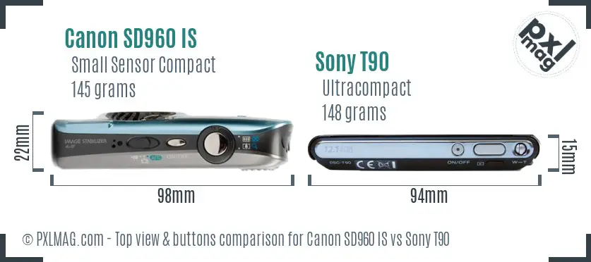 Canon SD960 IS vs Sony T90 top view buttons comparison