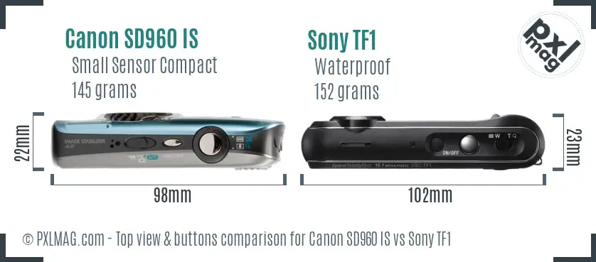 Canon SD960 IS vs Sony TF1 top view buttons comparison Canon SD960 IS vs Sony TF1 top view buttons comparison