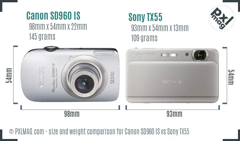 Canon SD960 IS vs Sony TX55 size comparison