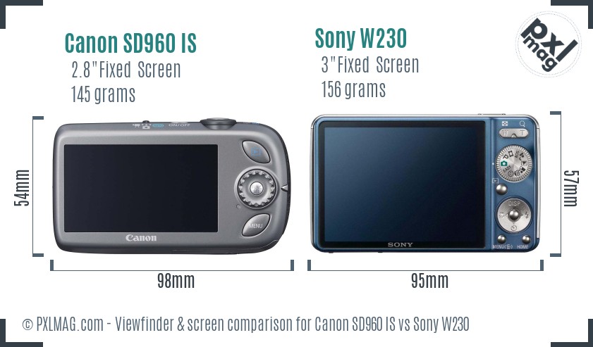 Canon SD960 IS vs Sony W230 Screen and Viewfinder comparison
