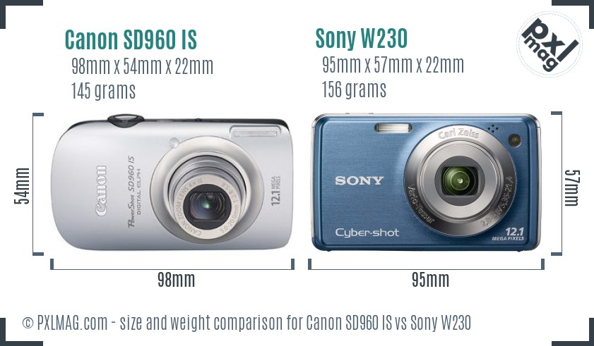 Canon SD960 IS vs Sony W230 size comparison