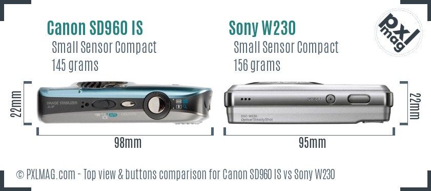Canon SD960 IS vs Sony W230 top view buttons comparison