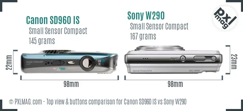 Canon SD960 IS vs Sony W290 top view buttons comparison Canon SD960 IS vs Sony W290 top view buttons comparison