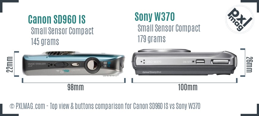 Canon SD960 IS vs Sony W370 top view buttons comparison