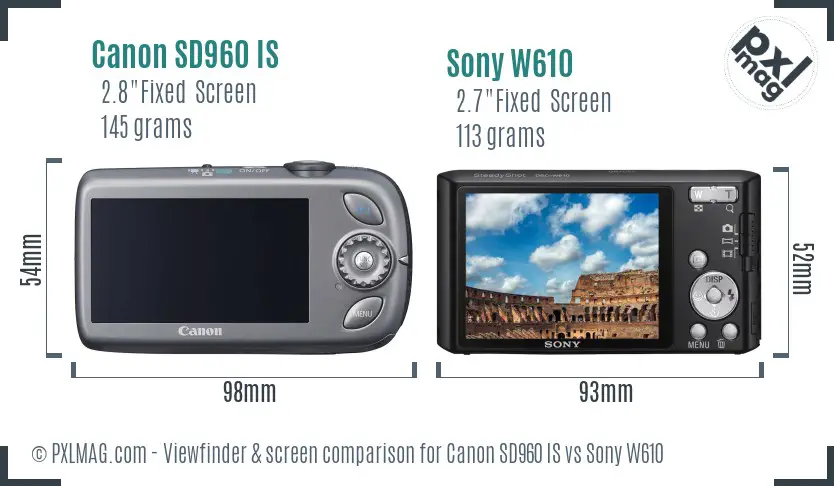 Canon SD960 IS vs Sony W610 Screen and Viewfinder comparison