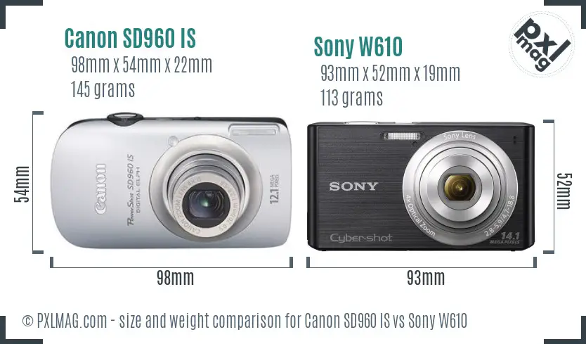 Canon SD960 IS vs Sony W610 size comparison