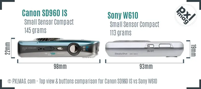 Canon SD960 IS vs Sony W610 top view buttons comparison