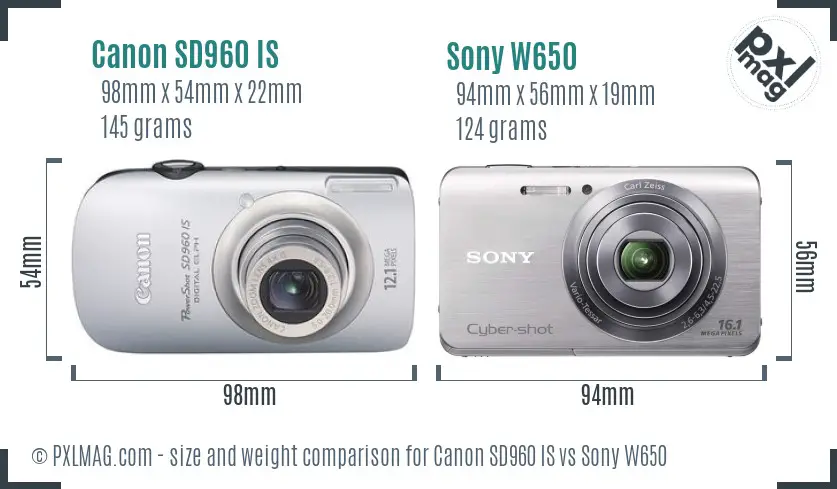 Canon SD960 IS vs Sony W650 size comparison