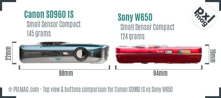 Canon SD960 IS vs Sony W650 top view buttons comparison