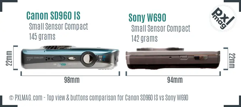 Canon SD960 IS vs Sony W690 top view buttons comparison
