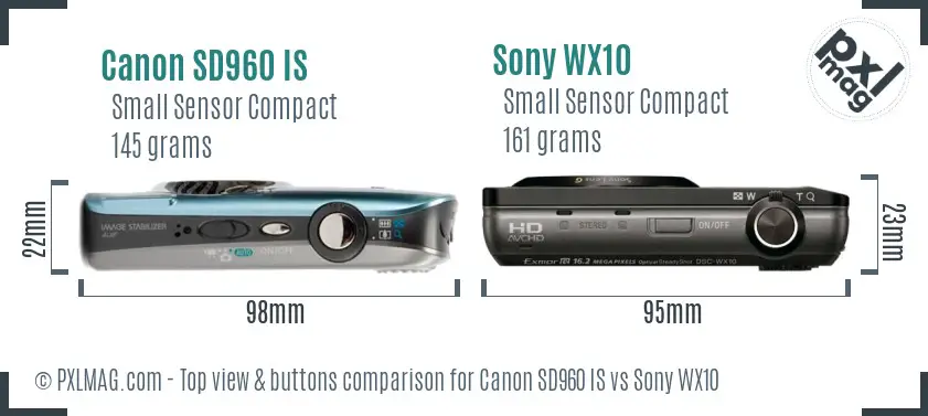 Canon SD960 IS vs Sony WX10 top view buttons comparison