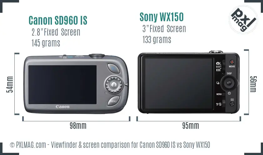 Canon SD960 IS vs Sony WX150 Screen and Viewfinder comparison