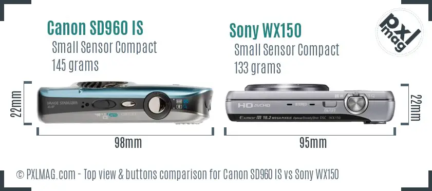 Canon SD960 IS vs Sony WX150 top view buttons comparison