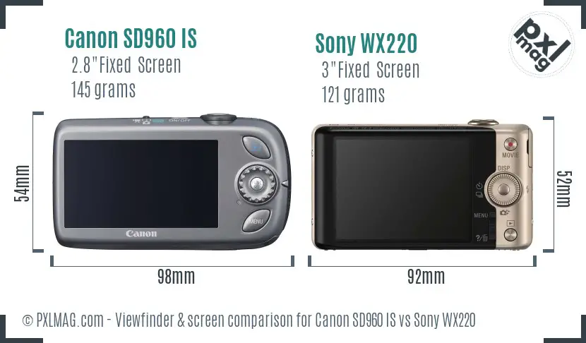 Canon SD960 IS vs Sony WX220 Screen and Viewfinder comparison