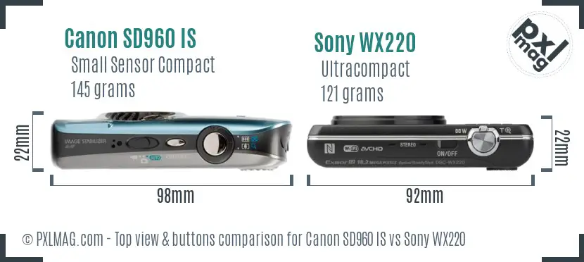 Canon SD960 IS vs Sony WX220 top view buttons comparison