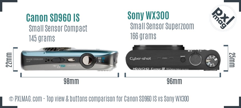 Canon SD960 IS vs Sony WX300 top view buttons comparison