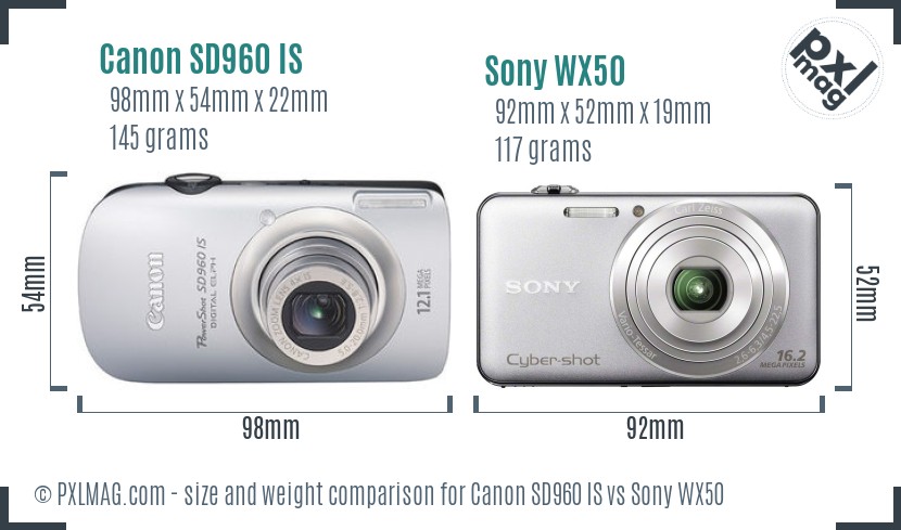 Canon SD960 IS vs Sony WX50 size comparison