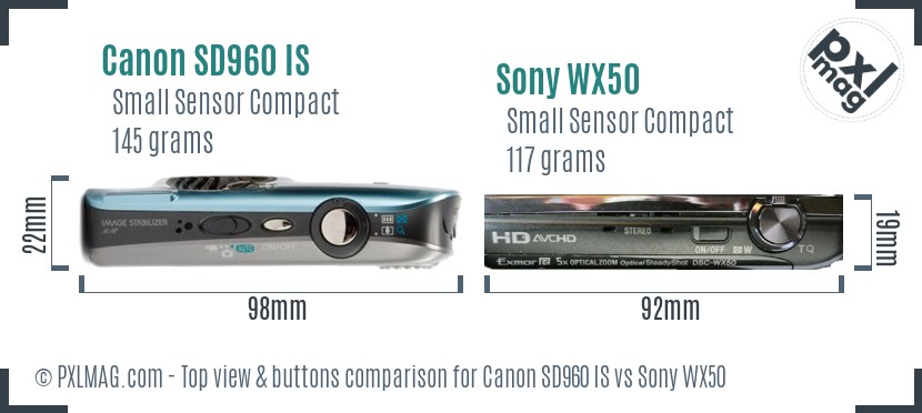 Canon SD960 IS vs Sony WX50 top view buttons comparison