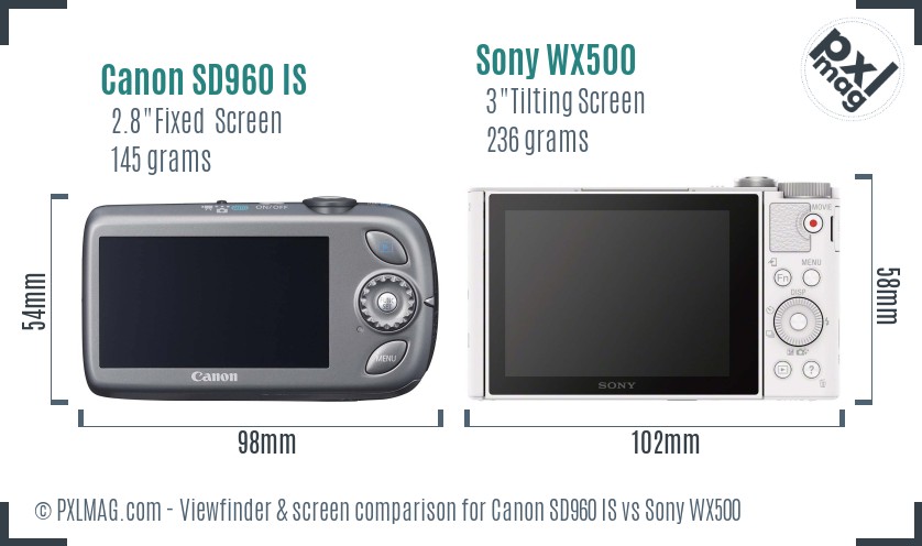Canon SD960 IS vs Sony WX500 Screen and Viewfinder comparison