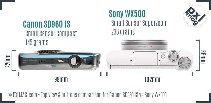 Canon SD960 IS vs Sony WX500 top view buttons comparison