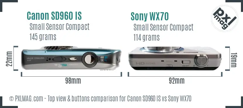 Canon SD960 IS vs Sony WX70 top view buttons comparison